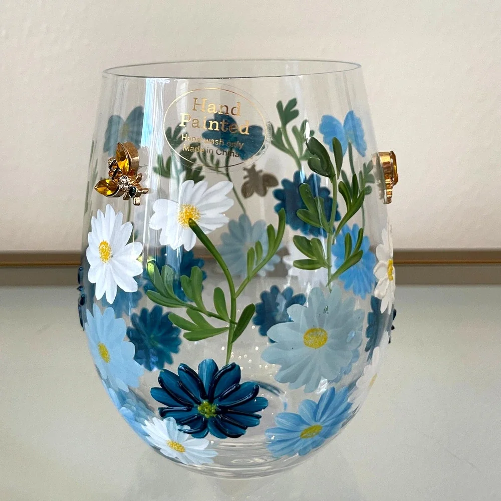 Hand Painted & Jeweled Stemless Wine Glass Blue Daisy Floral Bumblebee NEW